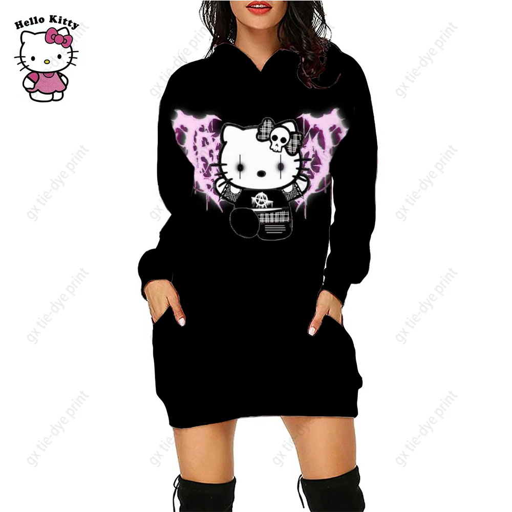 Y2K Американское ретро HELLO KITTY Женская толстовка с капюшоном 2023 Plus Толстовка с капюшоном E-girl Goth Punk Толстовка с длинным рукавом Модная уличная одежда Изображение 1