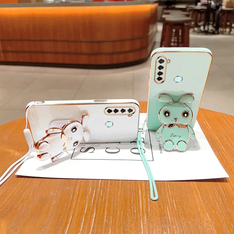 чехол для телефона для Xiaomi Redmi Note 8T Роскошная подставка с покрытием Cute Rabbit Fold Stand с ремешком Чехол для телефона Изображение 2